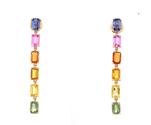 Rainbow Sapphire Emerald Cut Link Earrings