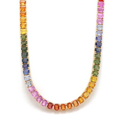 Rainbow Sapphire Emerald Cut Tennis Necklace