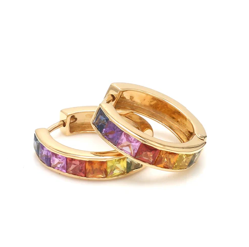 Rainbow Sapphire Princess Cut Mini Hoops Earring