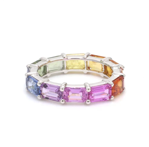 Rainbow Sapphire Emerald Cut Horizontal Ring