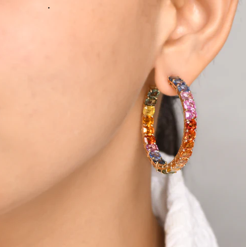Rainbow Sapphire Big Emerald Cut Hoops
