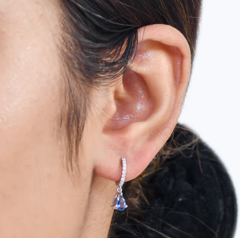 Blue Sapphire Pear Mini Huggies Earrings