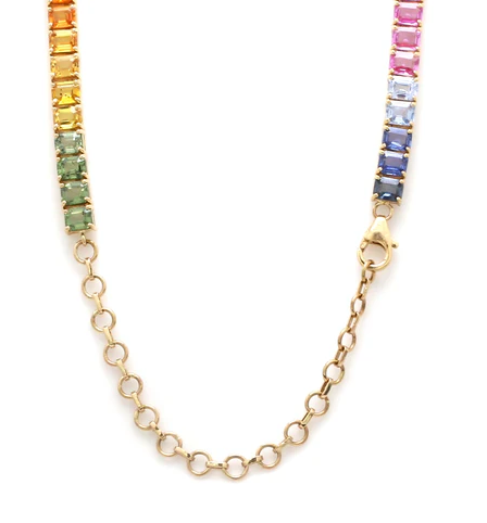 Rainbow Sapphire Emerald Cut Tennis Necklace