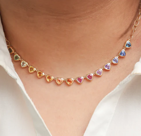 Rainbow Sapphire Heart Bezel Set Necklace