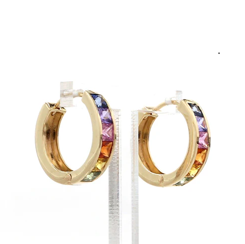 Rainbow Sapphire Princess Cut Small Hoops