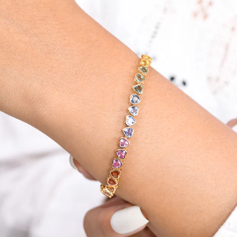 Rainbow Sapphire Heart Bezel Set Bracelet