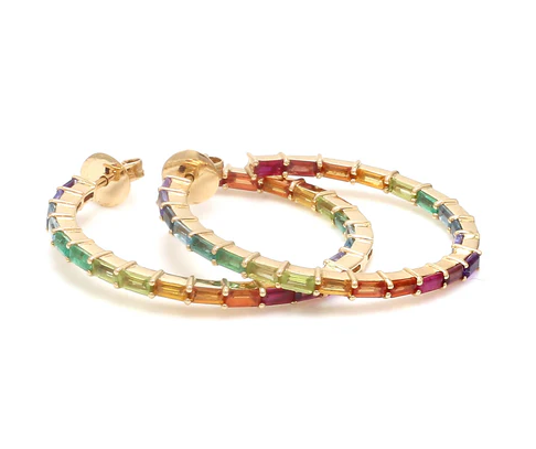 Rainbow Gemstone Baguette Thin Hoops