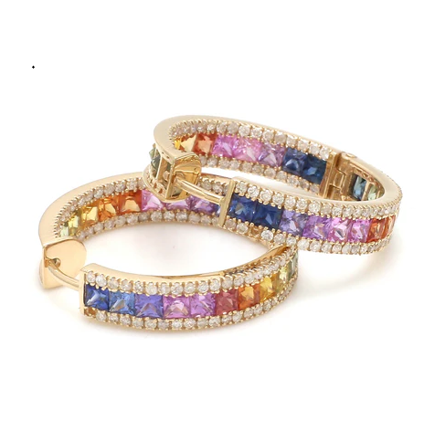 Rainbow Sapphire Princess Cut Diamond Hoops