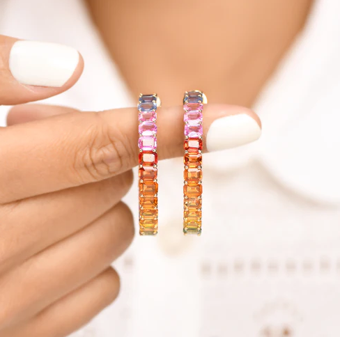 Rainbow Sapphire Big Emerald Cut Hoops