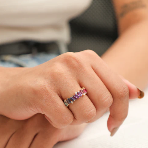 Rainbow Gemstone Diamond Zig Zag Ring