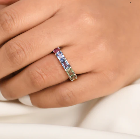 Rainbow Sapphire Emerald Cut Horizontal Ring