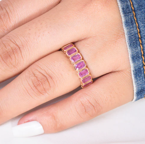 Pink Sapphire Emerald Cut Bezel Set Ring
