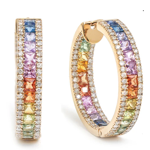 Rainbow Sapphire Princess Cut Diamond Hoops