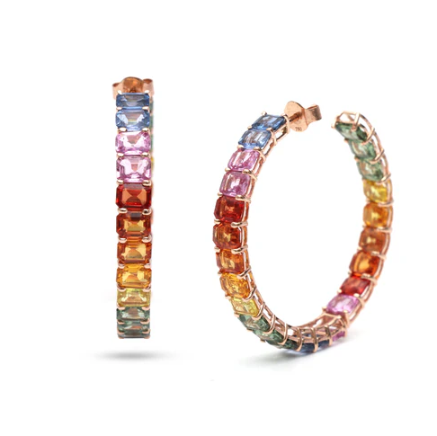 Rainbow Sapphire Big Emerald Cut Hoops