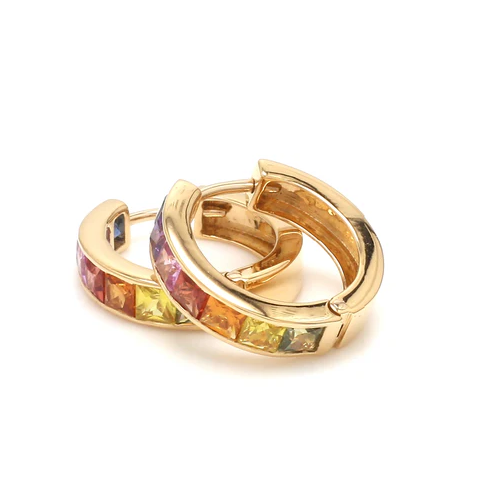 Rainbow Sapphire Princess Cut Mini Hoops Earring