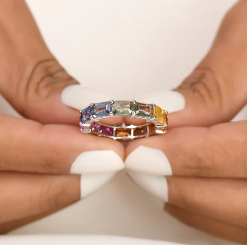 Rainbow Sapphire Emerald Cut Horizontal Ring