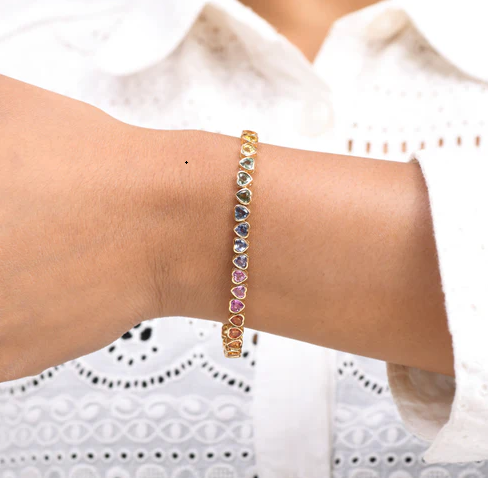 Rainbow Sapphire Heart Bezel Set Bracelet