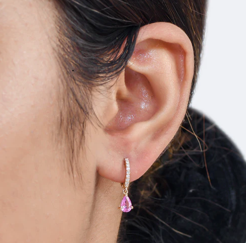 Pink Sapphire Pear Diamond Mini Huggies Earrings