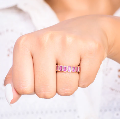 Pink Sapphire Emerald Cut Bezel Set Ring