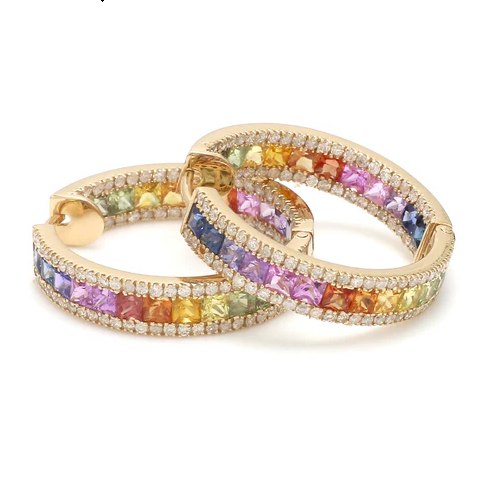 Rainbow Sapphire Princess Cut Diamond Hoops