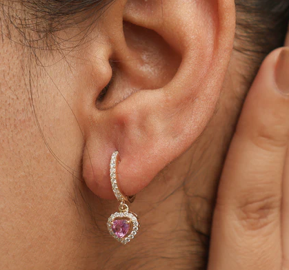 Pink Sapphire Heart Halo Diamond Mini Huggies Earrings