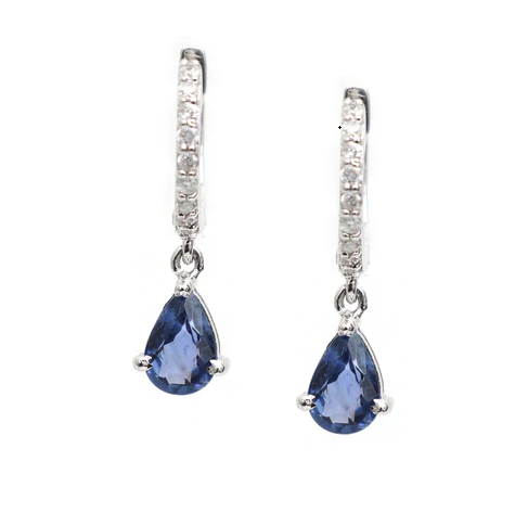 Blue Sapphire Pear Mini Huggies Earrings
