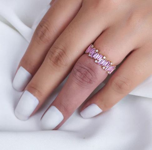 Pink Sapphire Baguette Cut Diamond Ring