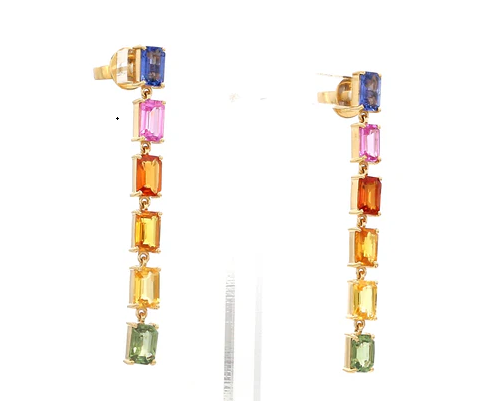 Rainbow Sapphire Emerald Cut Link Earrings