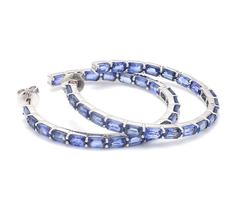 Blue Sapphire Emerald Cut Hoops