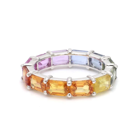 Rainbow Sapphire Emerald Cut Horizontal Ring